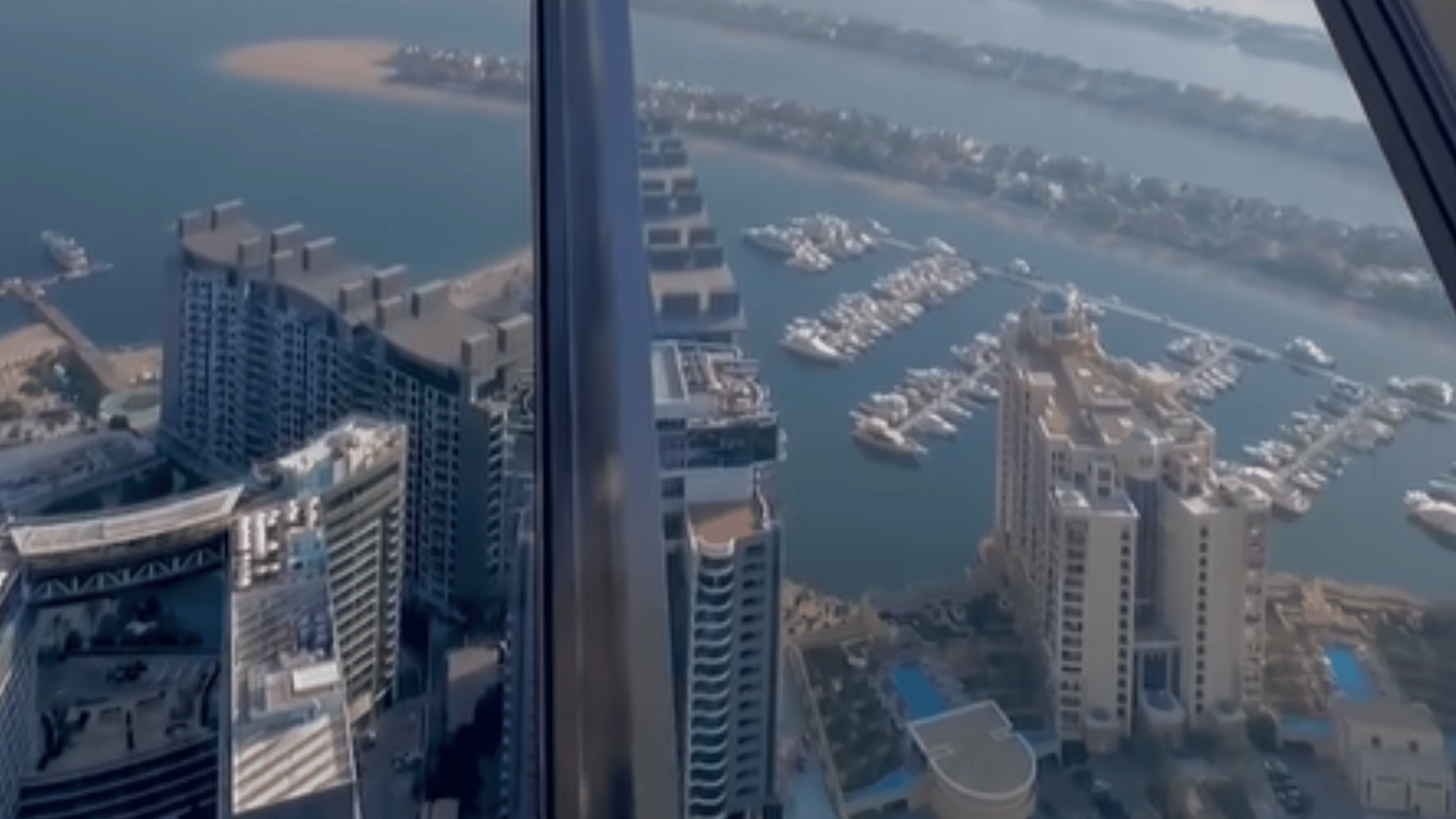 Panoramic view of Palm Jumeirah and the Dubai skyline from The View at The Palm.