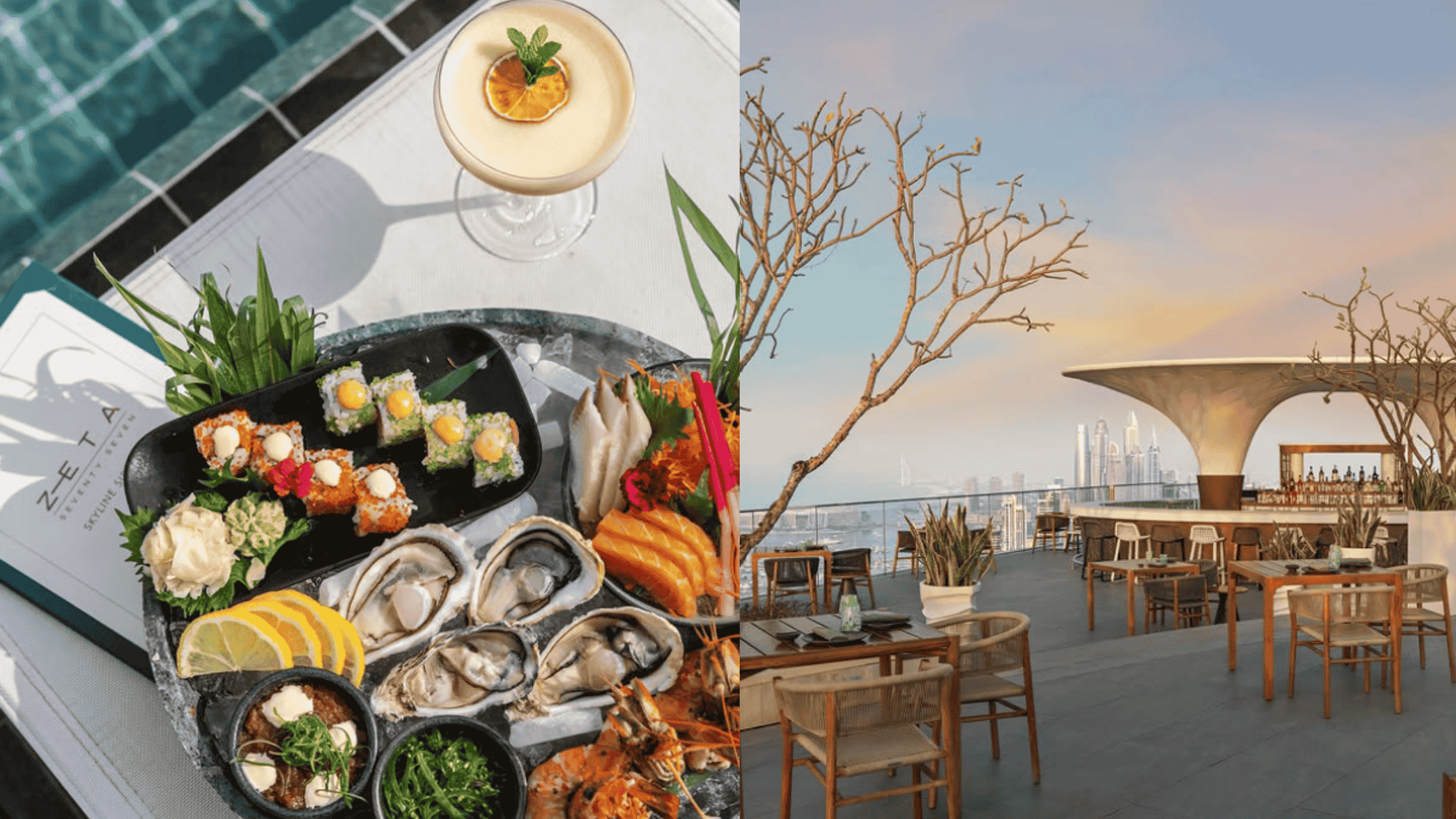 Gourmet seafood platter and a cocktail beside a rooftop pool, paired with sunset views over ZETA Seventy Seven’s open-air bar and skyline