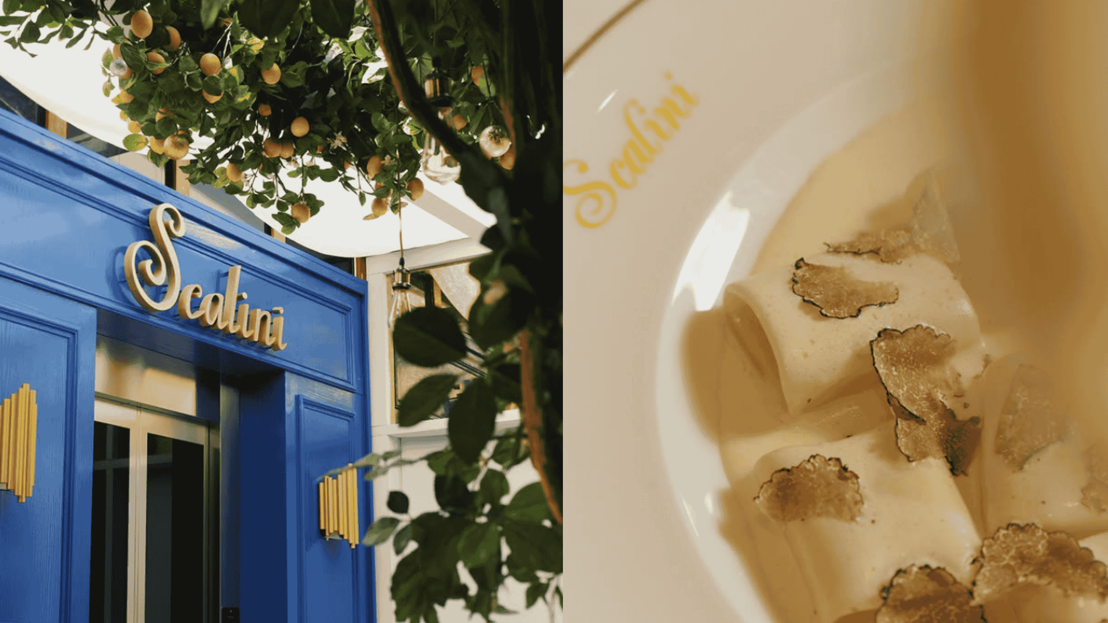 Scalini Dubai’s iconic blue entrance framed by lemon trees, paired with a close-up of truffle pasta served on an elegant branded plate.