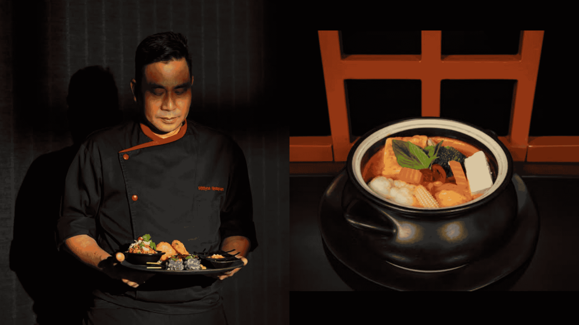 Chef at Tong Thai Dubai presenting Thai dishes alongside a rich red curry served in a black pot.