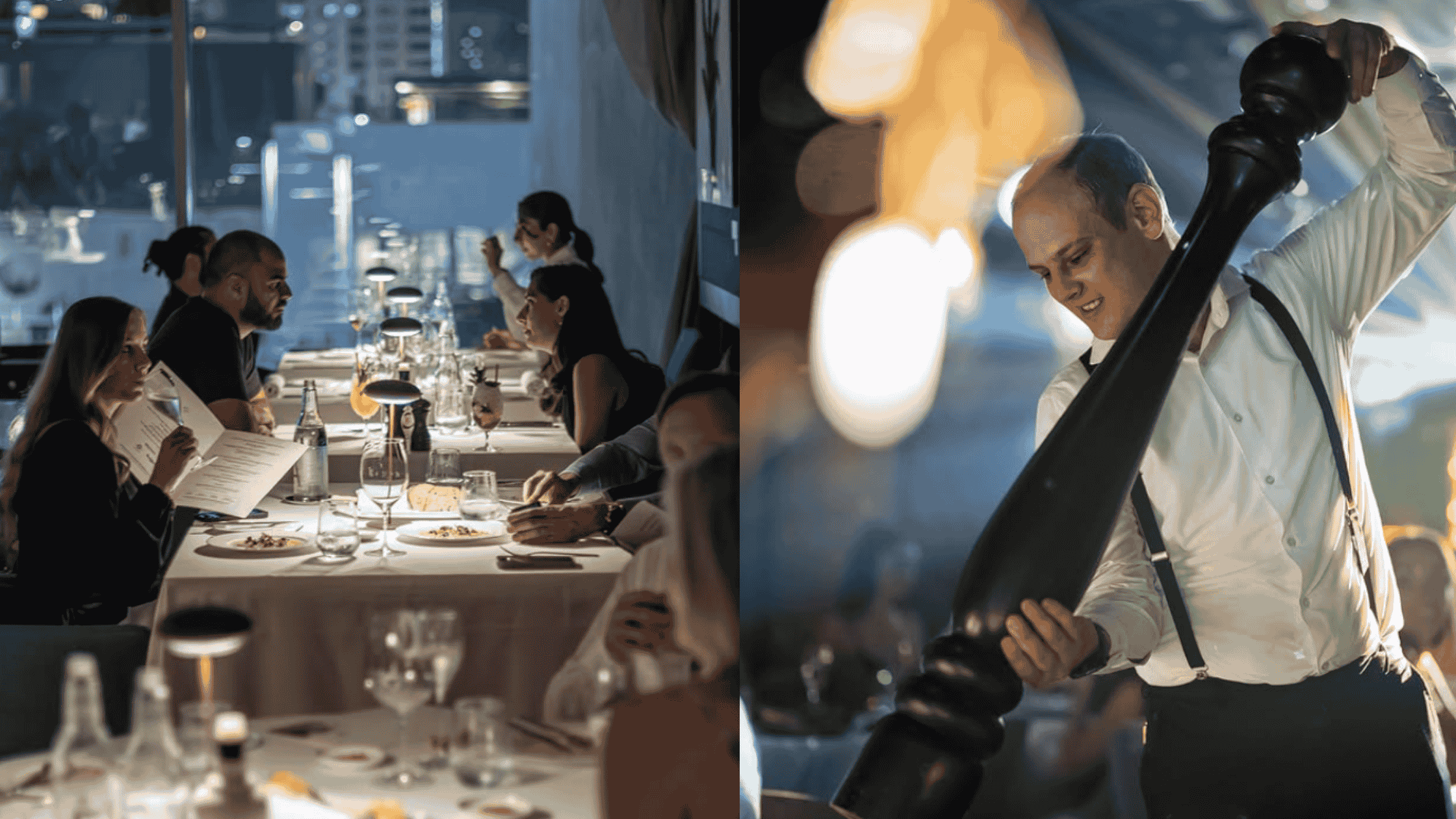 Guests dining at a stylish Italian restaurant in Dubai, with a server dramatically using a giant pepper mill, creating a lively and luxurious atmosphere.