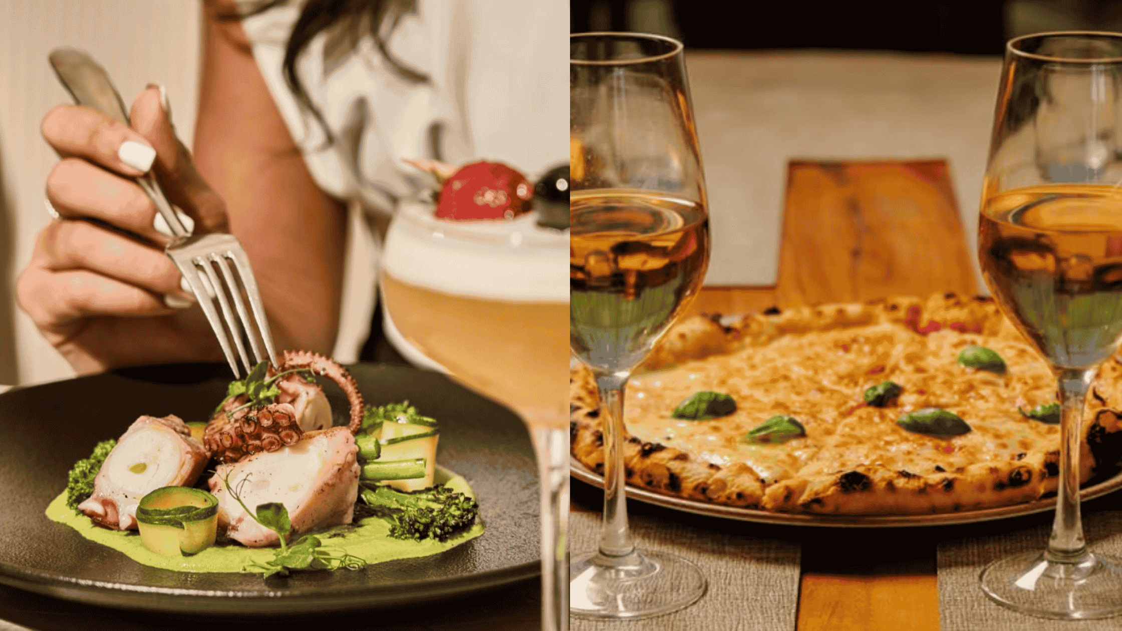 Delicious Italian dishes including grilled octopus and Napoli-style pizza served with wine at Larte Studio One in Dubai.
